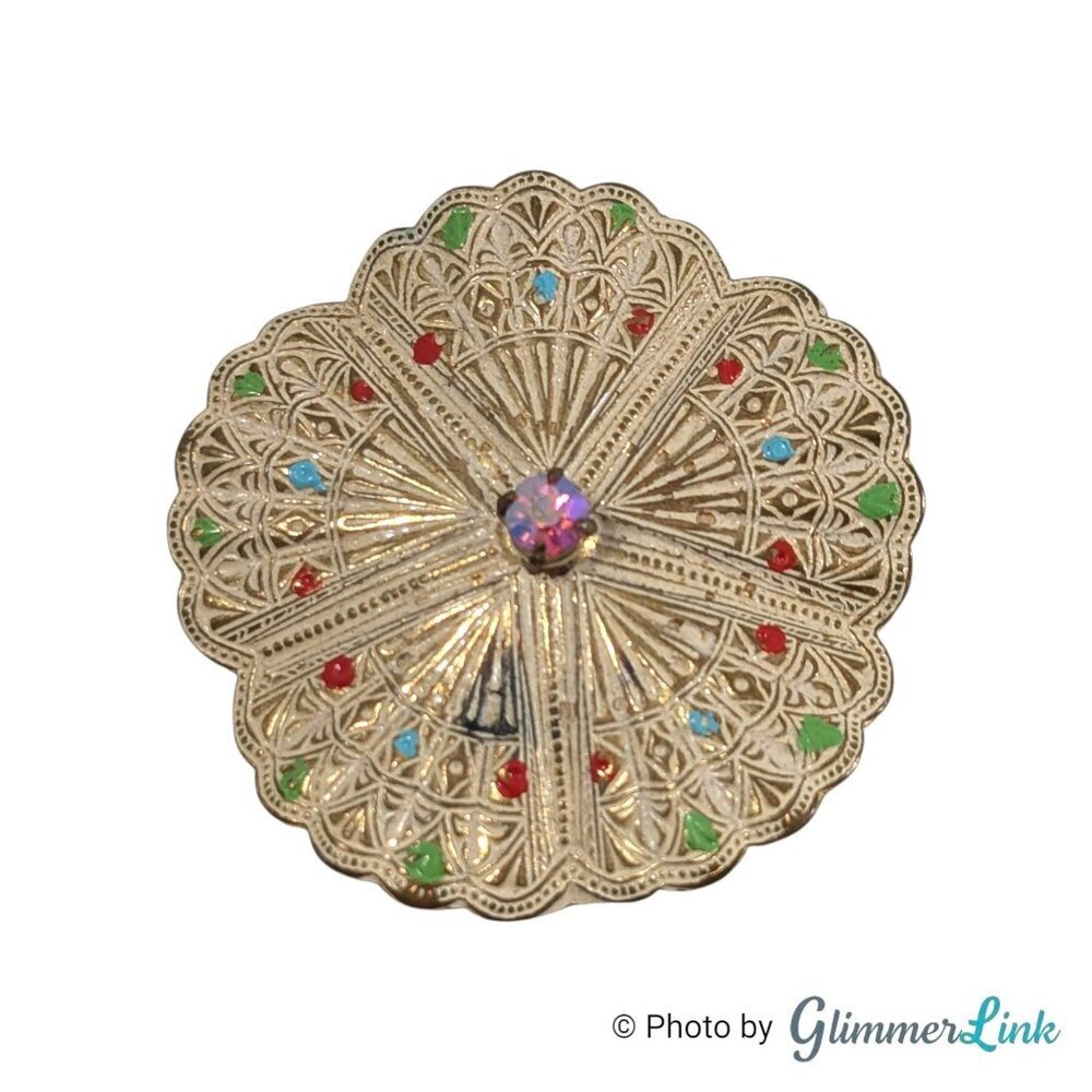 Vintage 1950s Western Germany Ornate Gold Tone Enamel Rhinestone Brooch